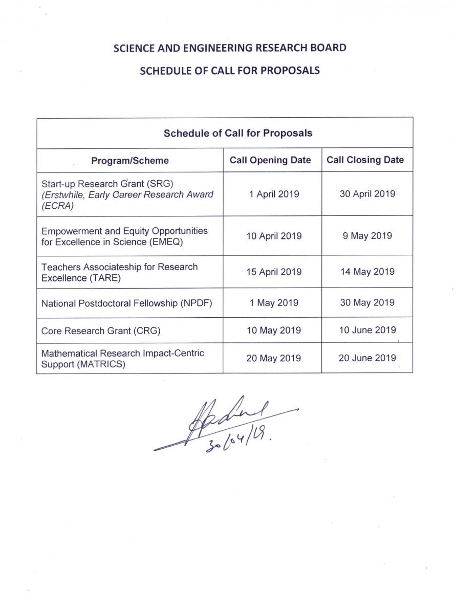 DSTSERB (Science & Engineering Research Board) / Schedule of Call for